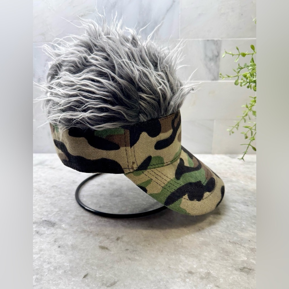 New Men’s Adult Size Faux Spikey Hair Camo Adjustable Visor Hat